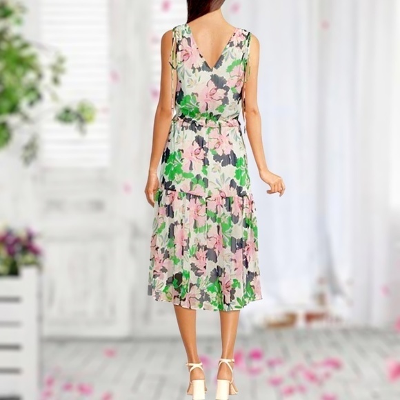 NWT TOMMY HILFIGER Isla Floral Print Chiffon V-Neck Tie Shoulder Midi Dress - Picture 3 of 14